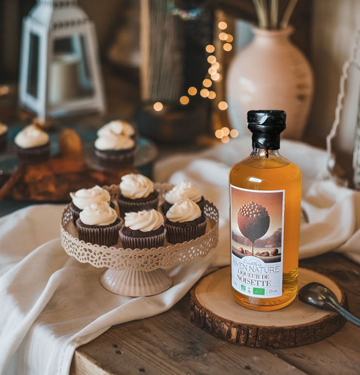 Bouteille de liquide ambré à côté de petits gâteaux avec glaçage, sur une table en bois décorée.